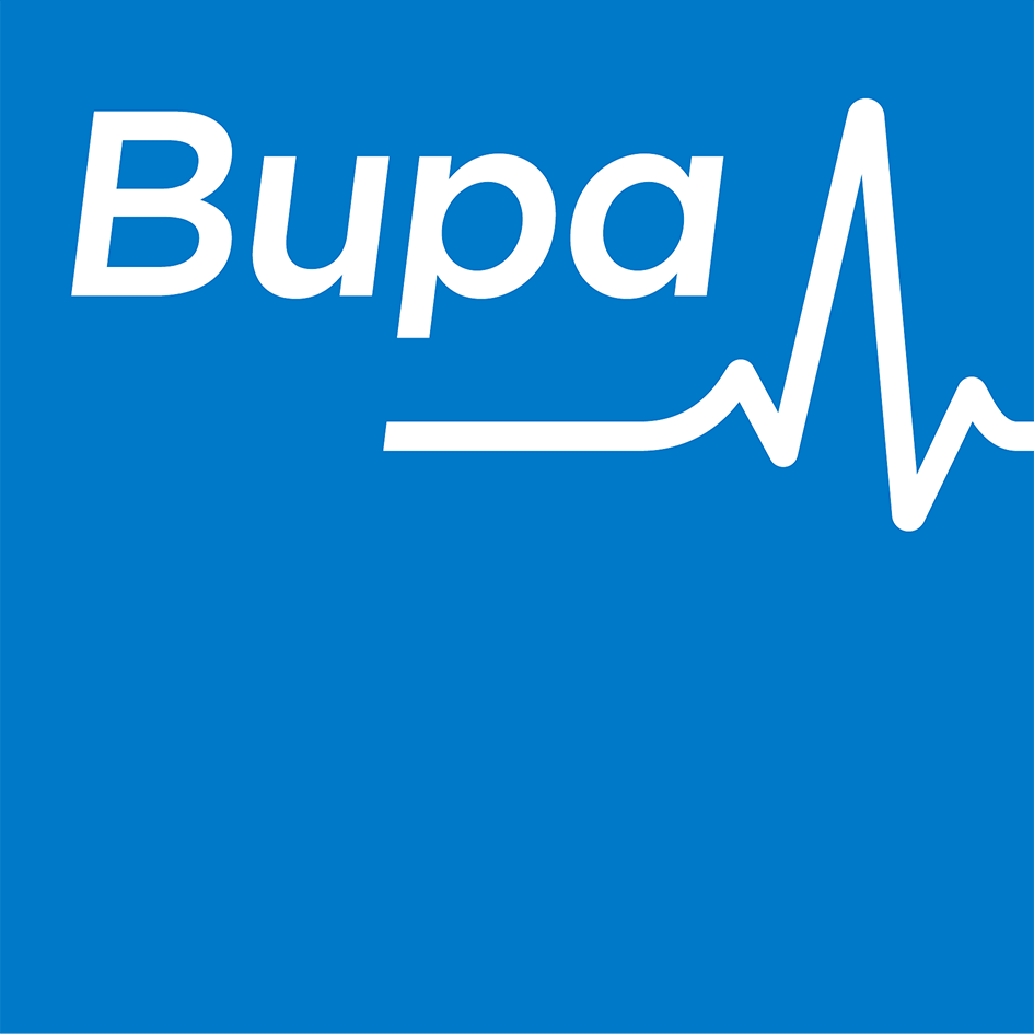 Bupa logo, a blue square containing the word Bupa and heartbeat logo