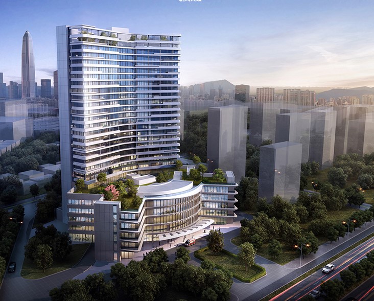 An aerial view of the Shenzhen New Frontier United Family Hospital building with a road and trees in the foreground